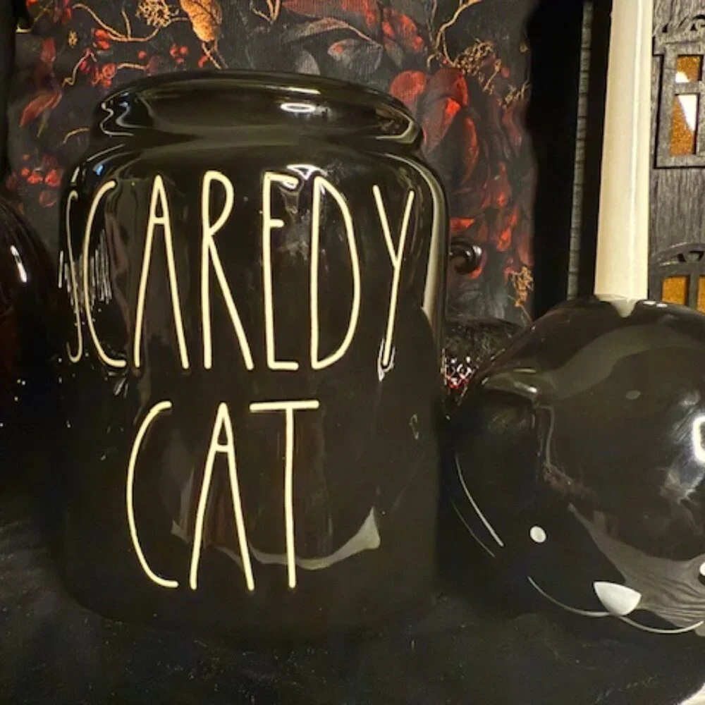 Rae Dunn Scaredy Cat Halloween Black Cat Canister Artisan NWT